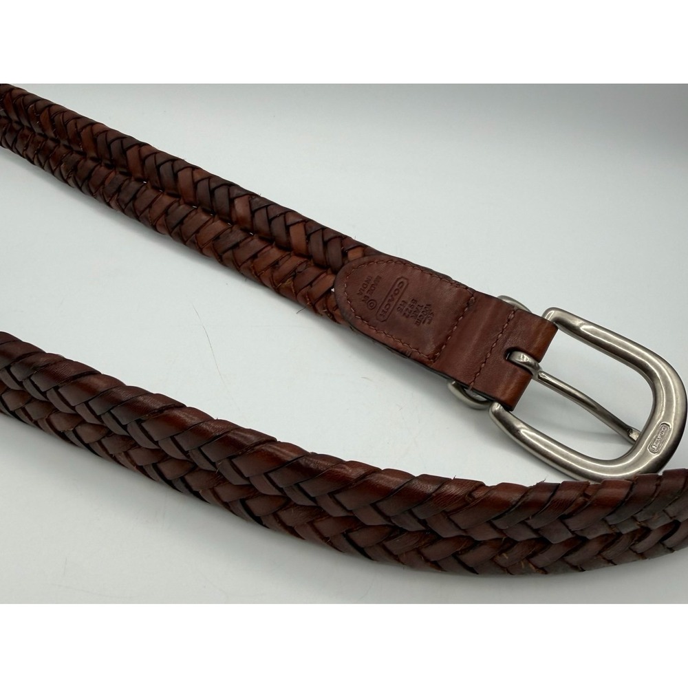 Coach Brown Braided Leather Belt Size 40 Woven Leather Silver Buckle Made In Ind - Picture 5 of 6